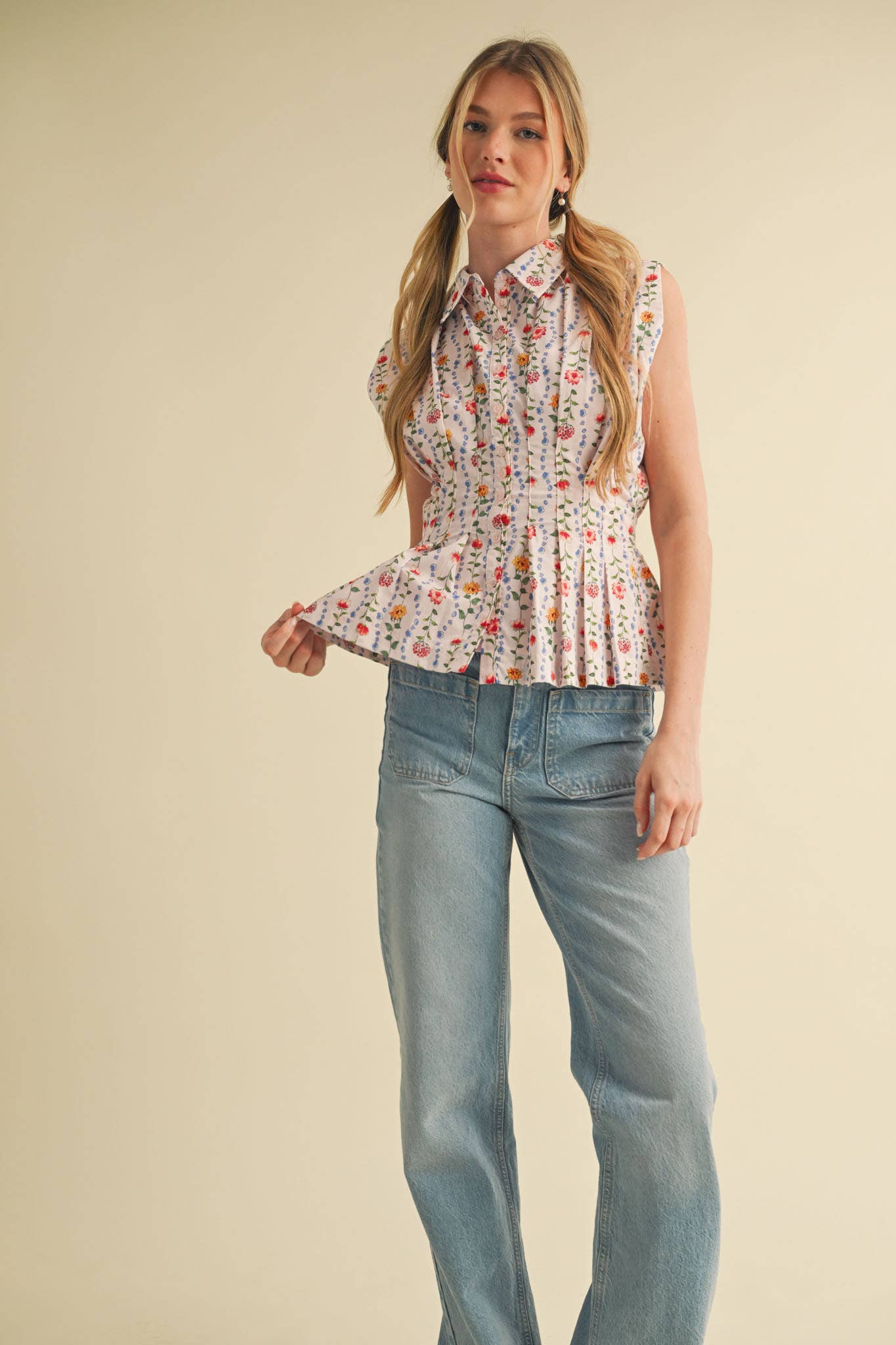 Black Button Down Pleated Waist Peplum Top