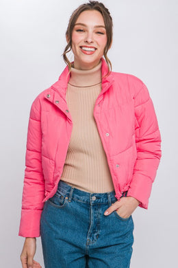 Light Pink Puffer Jacket with Zipper and Snap Closure