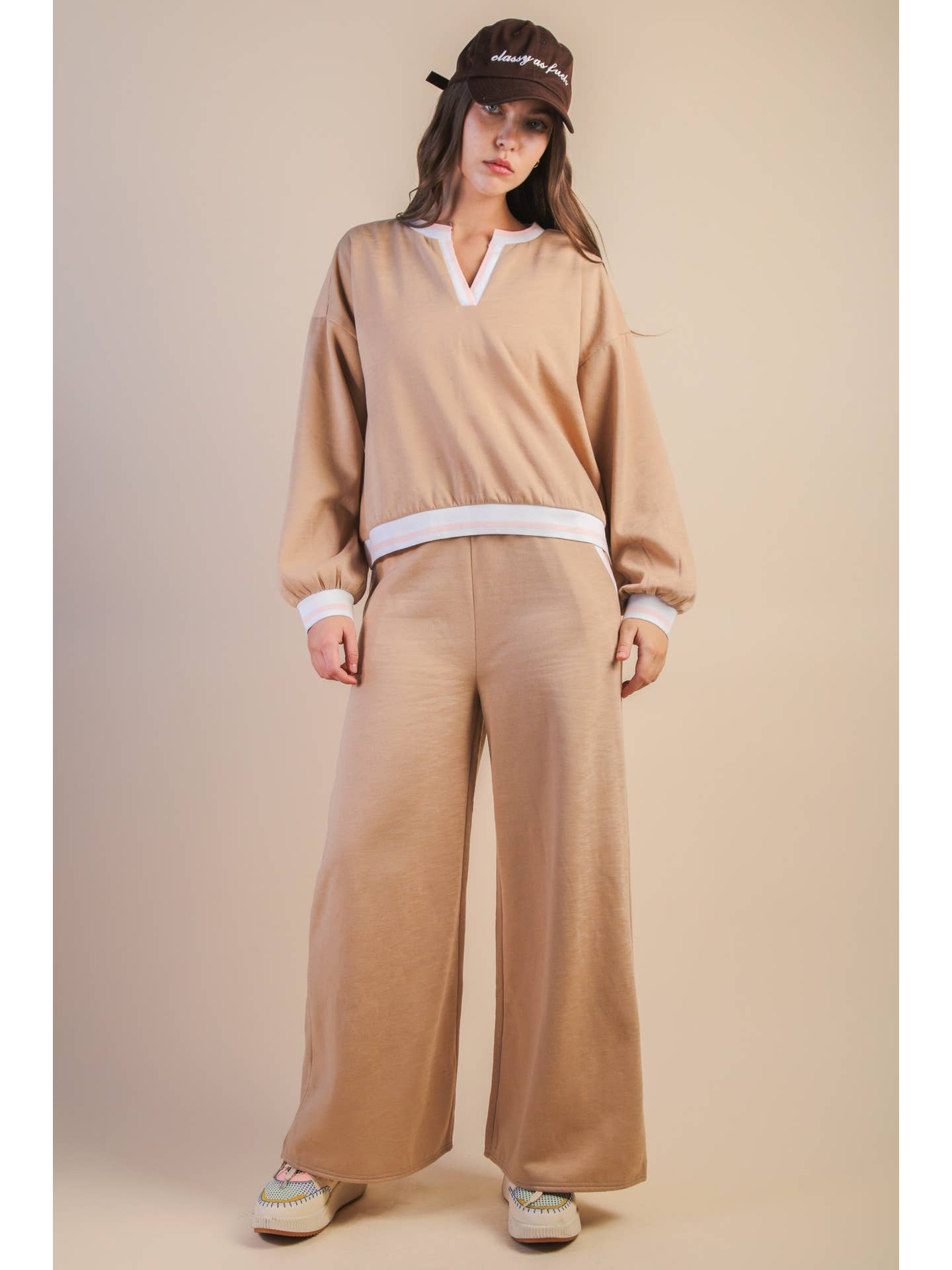 Color Block Band Detail Comfy Knit Top & Pants Set