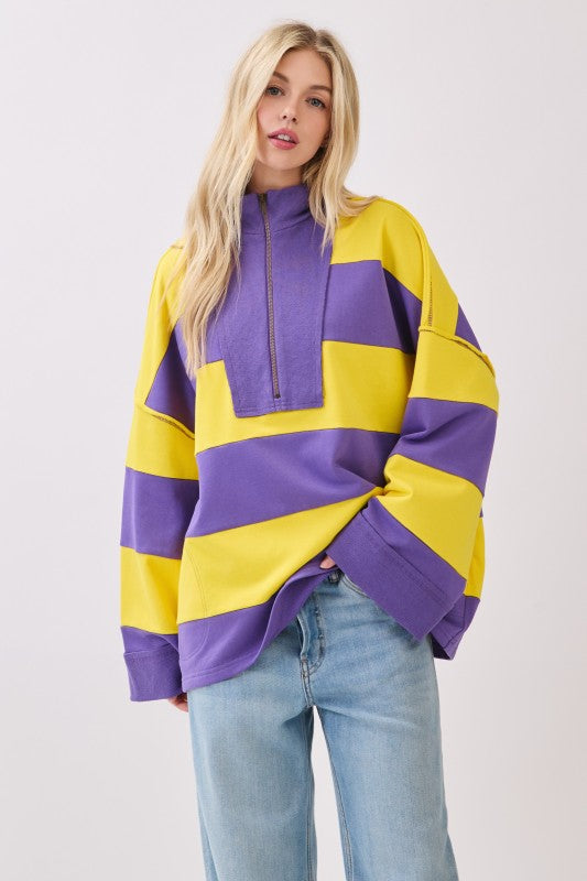 Purple & Gold Stripe Varsity Stripe Zip Pullover