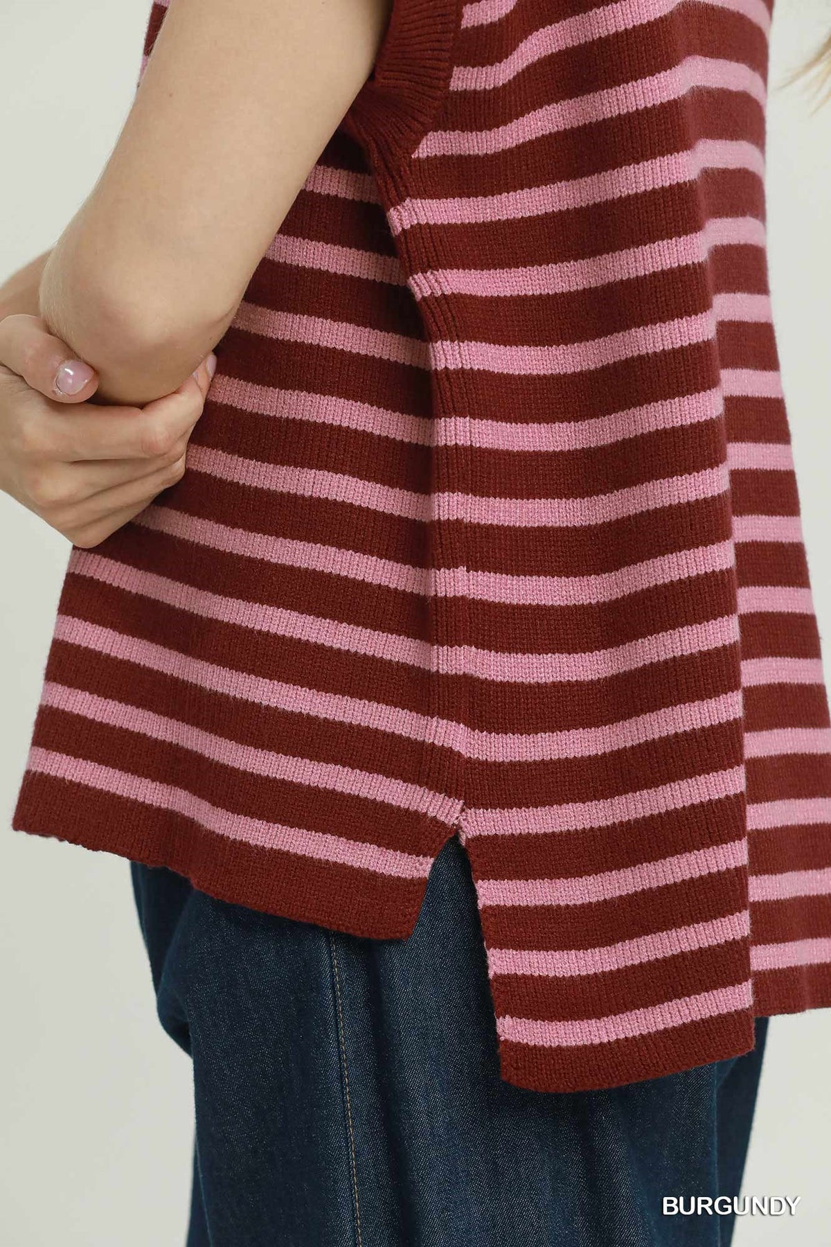 Burgundy Striped Mock-Neck Sweater