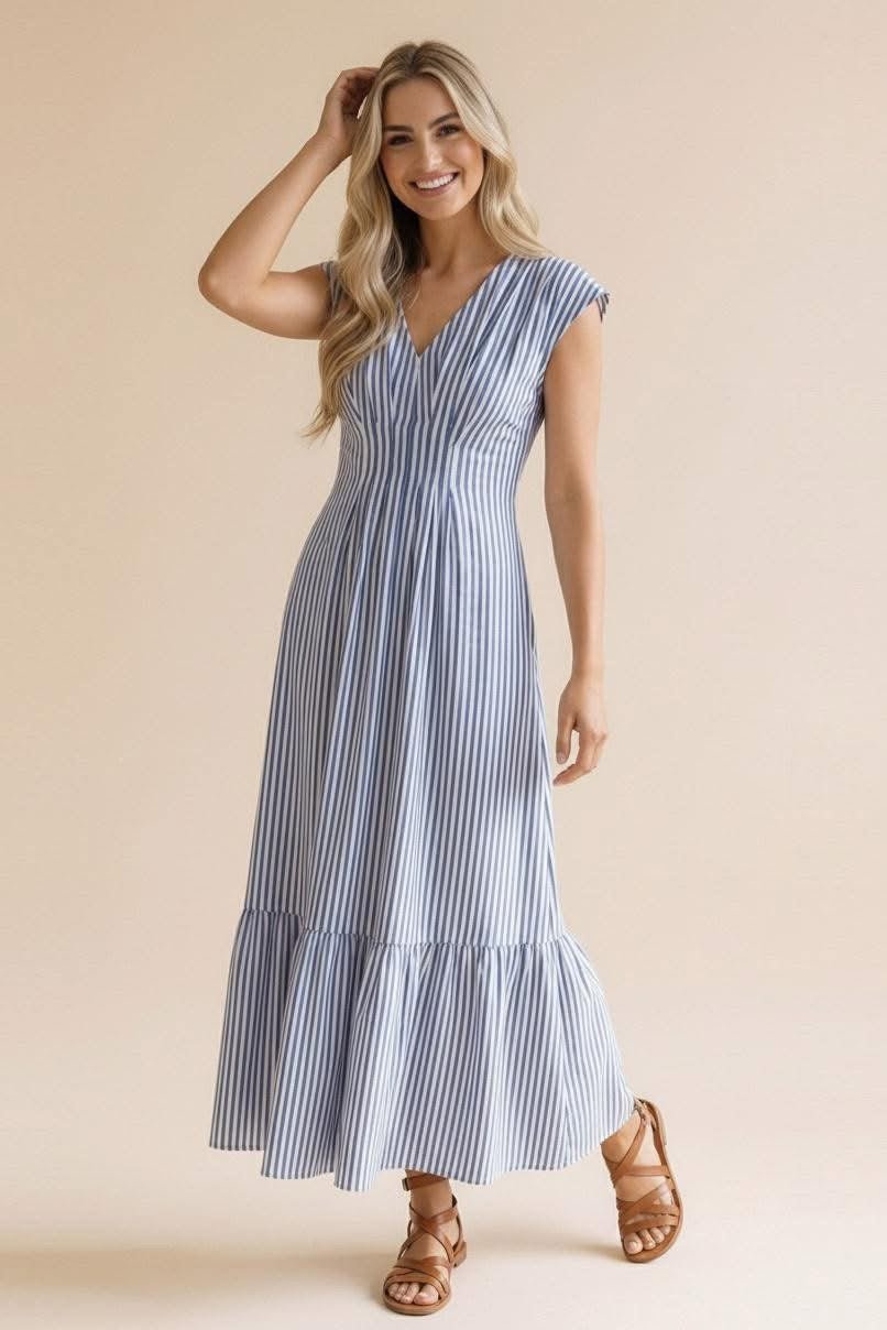 Blue & White Stripe Smocked Waist Midi Dress – The Dogwood Boutique