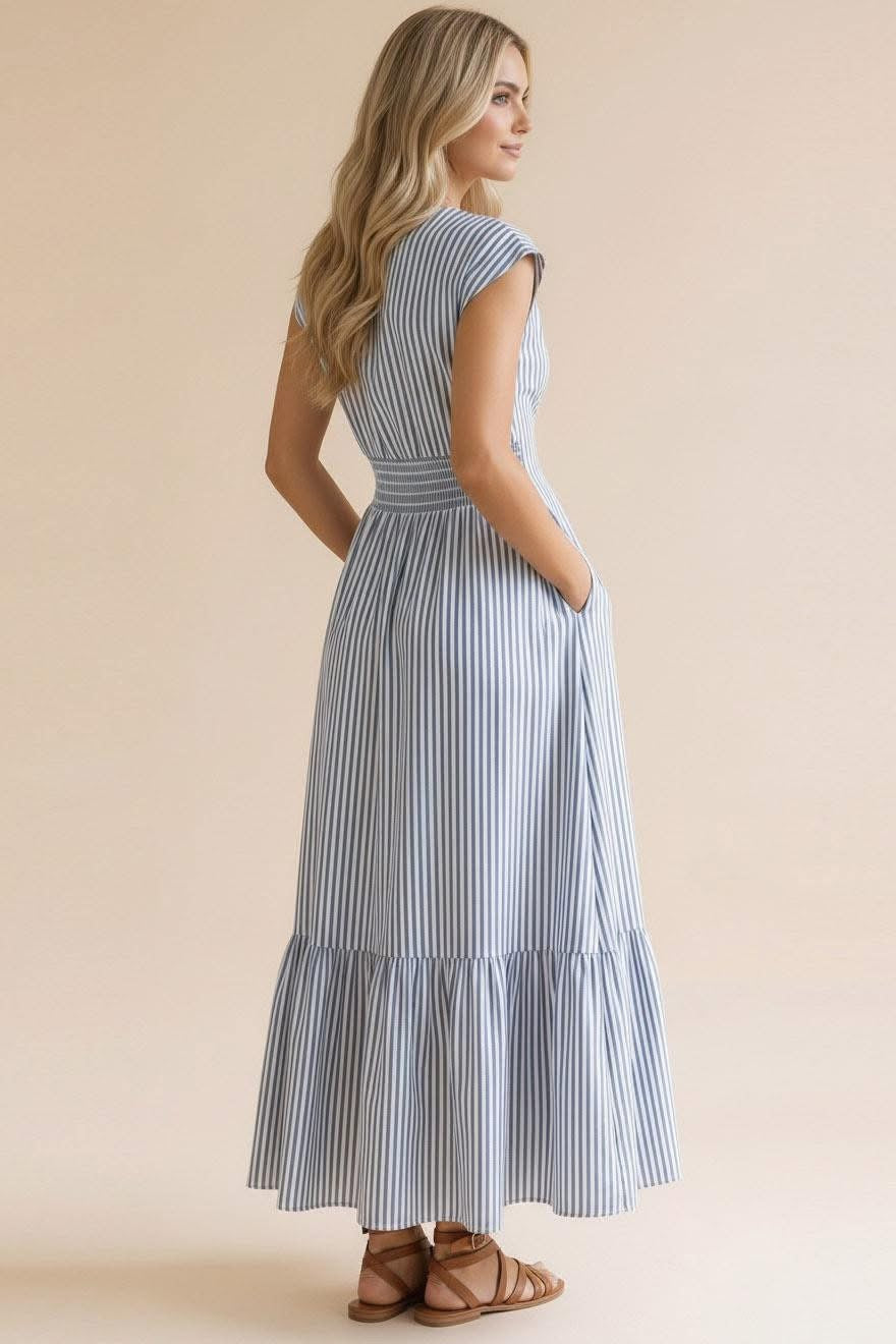 Blue & White Stripe Smocked Waist Midi Dress