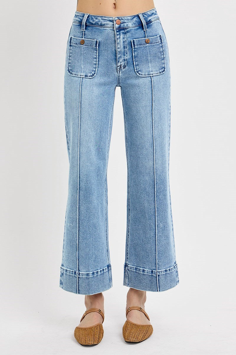 RISEN High Rise Crop Wide Jeans with Front Pintuck & Patch Pocket