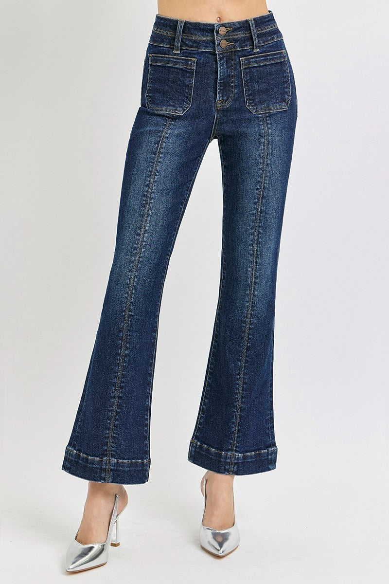 Risen High Rise Ankle Bootcut Double Waistband Front Patch Pocket Jeans