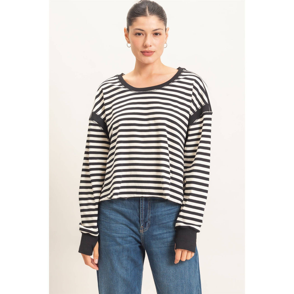 Striped Open Back Long Sleeve Top