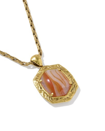 TIGER STRIPED DAPHNE SMALL LONG PENDANT NECKLACE - VINTAGE GOLD ORANGE BANDED AGATE