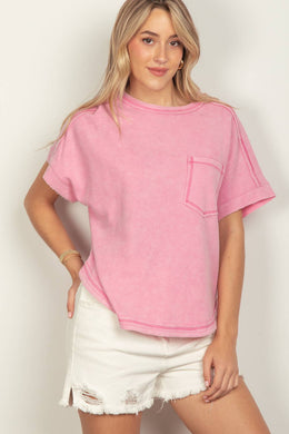 Pink Oversized Washed Waffle Casual Knit Top