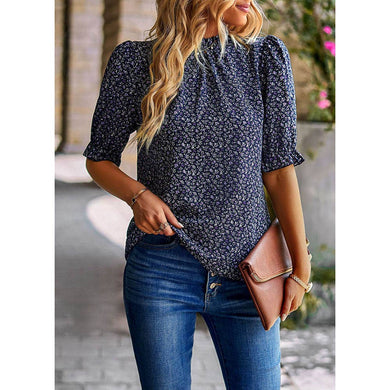 Puff Short Sleeve Mock Neck Floral Casual Blouse Tops