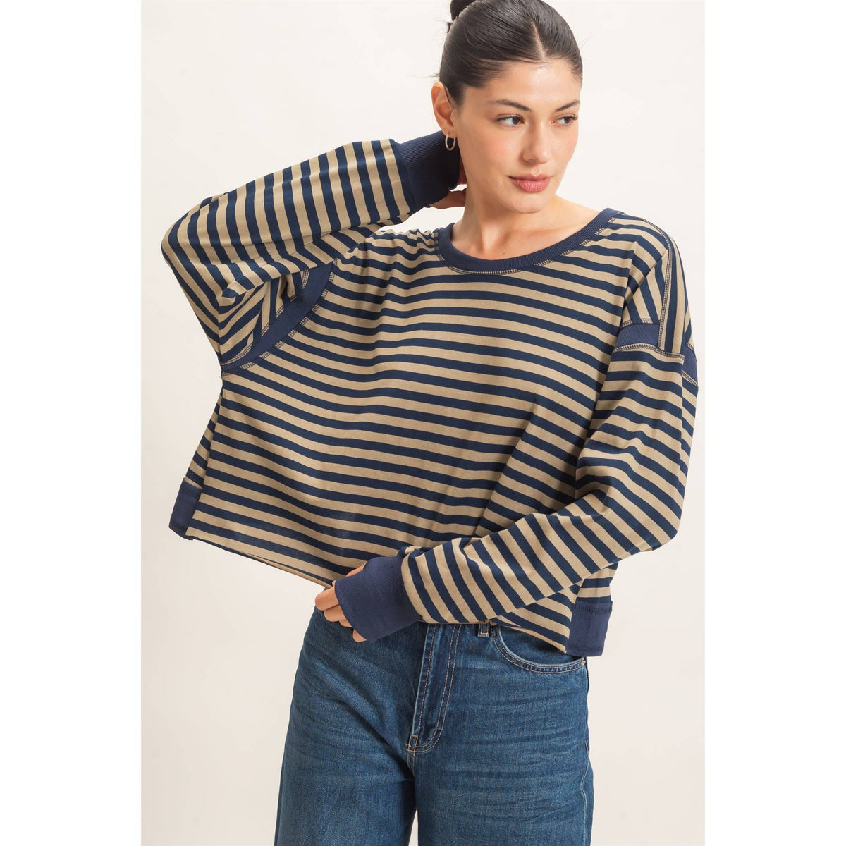 Striped Open Back Long Sleeve Top