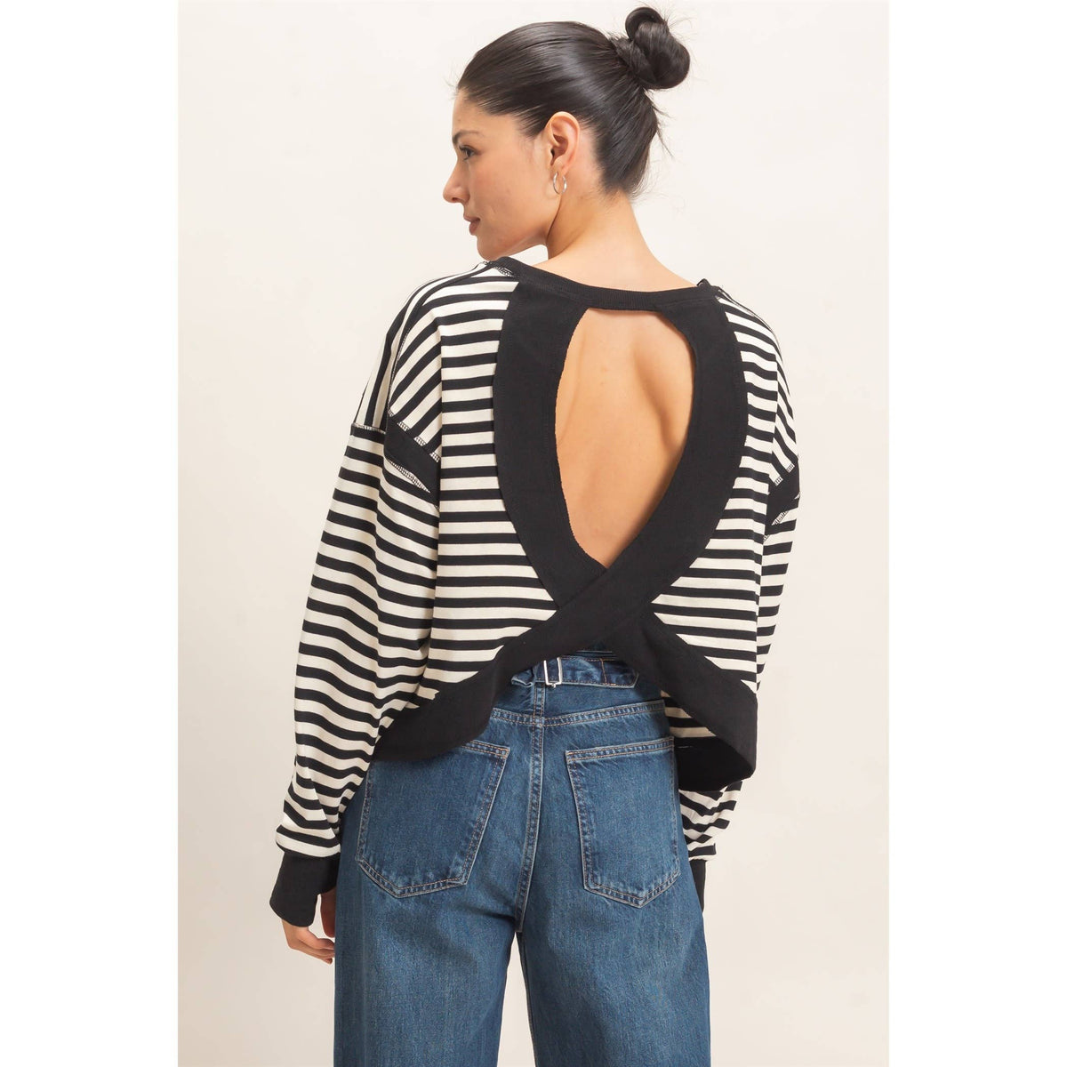 Striped Open Back Long Sleeve Top