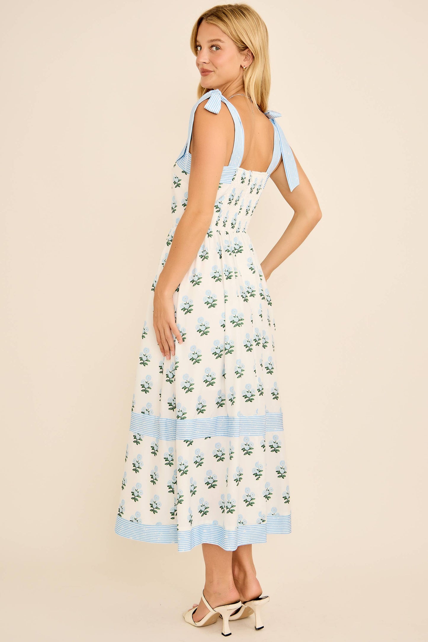 Floral Print Midi Dress with Tie Shoulder Straps