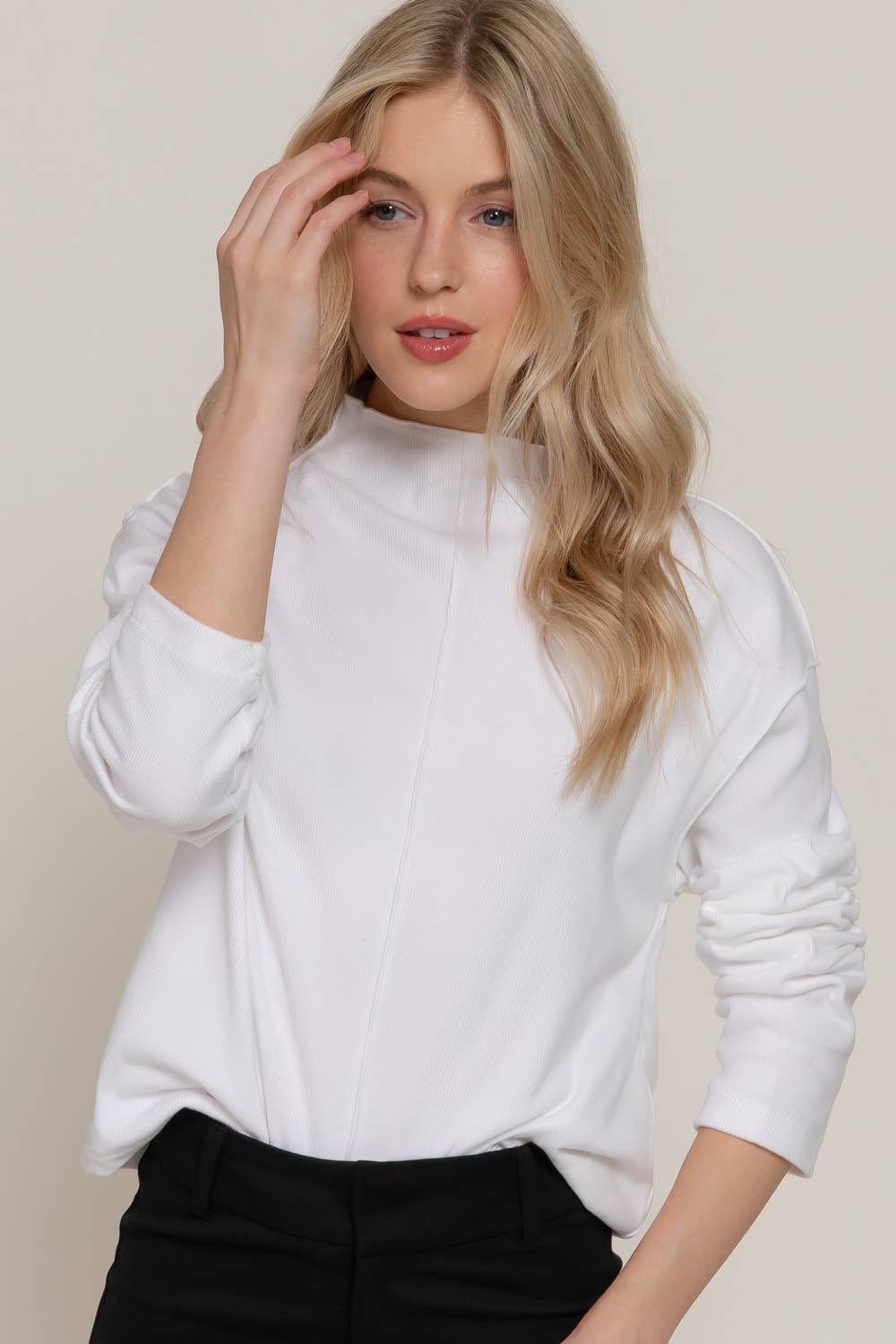 Long Sleeve Visible Overlocked Seams Detail Brushed Rib Top