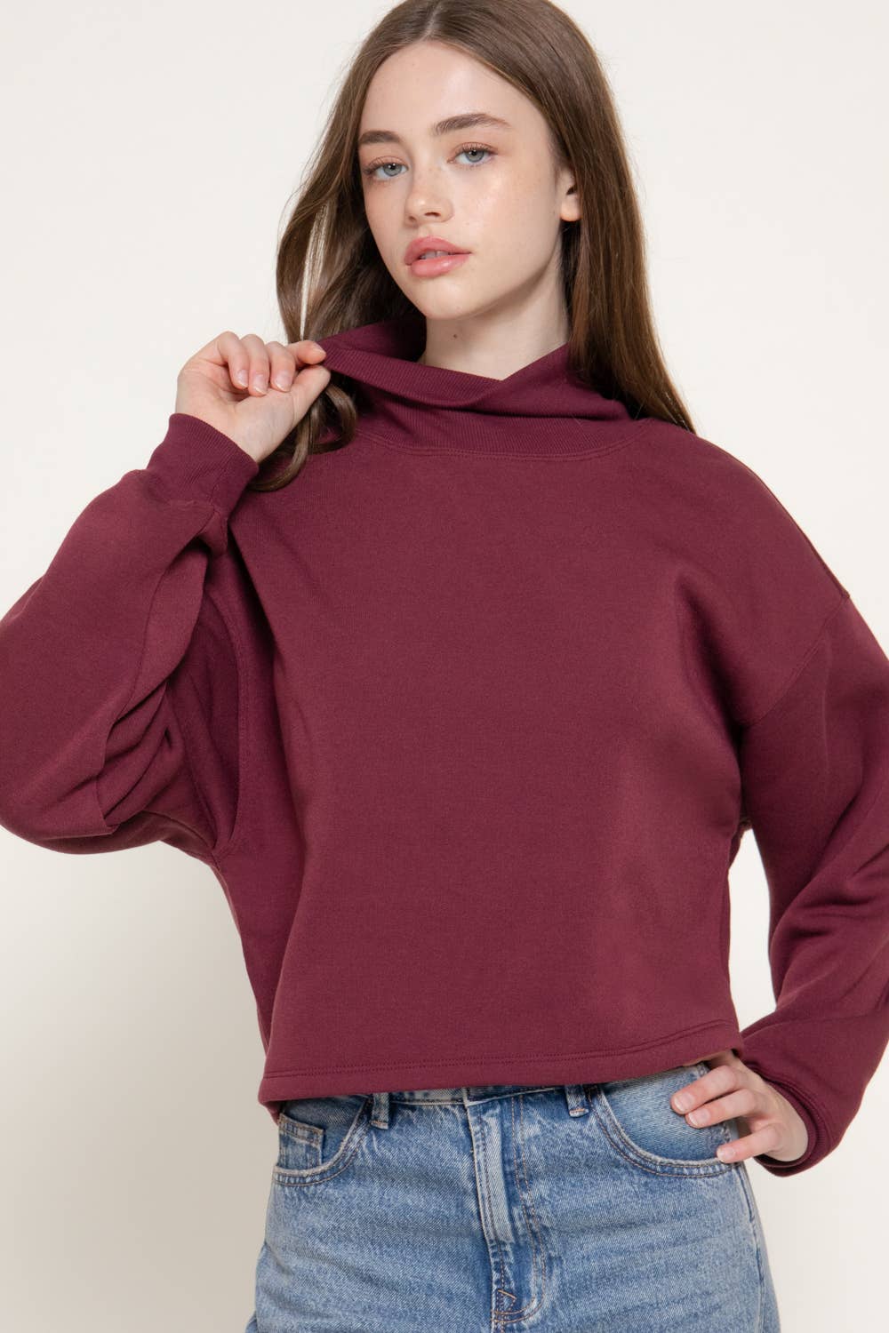 Long Sleeve Ribbed Mock Neck Inner Brushed Sweatshirt