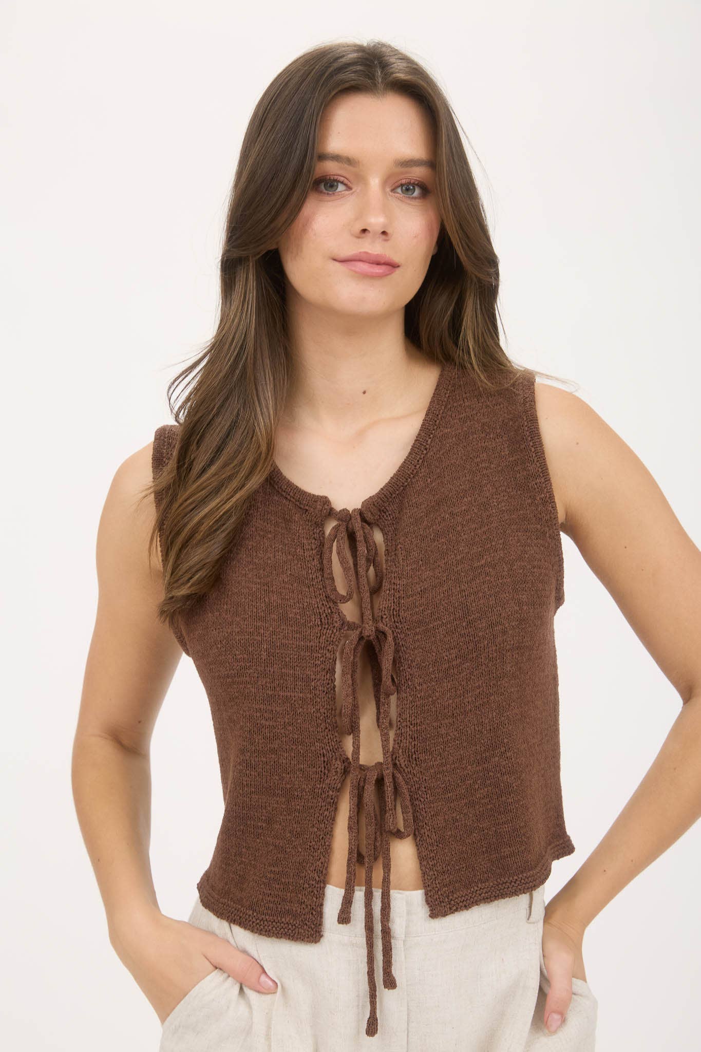 Cream Front Tie Detail Sleeveless Knot Sweater Vest