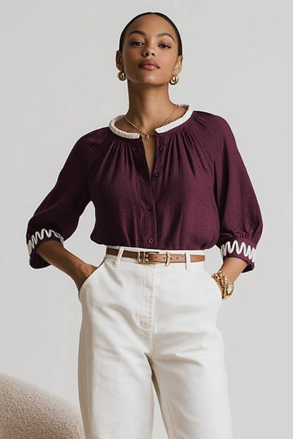 Abstract Applique Popover Blouse