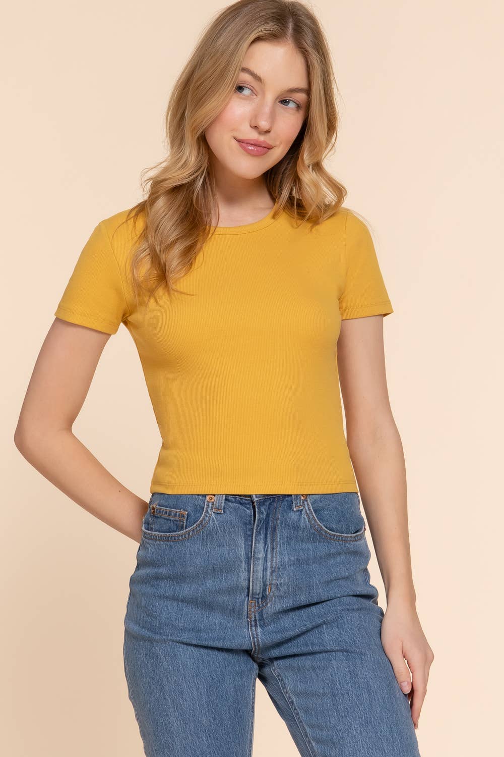 Short Sleeve Crew Neck Cotton Spandex Rib Knit Top
