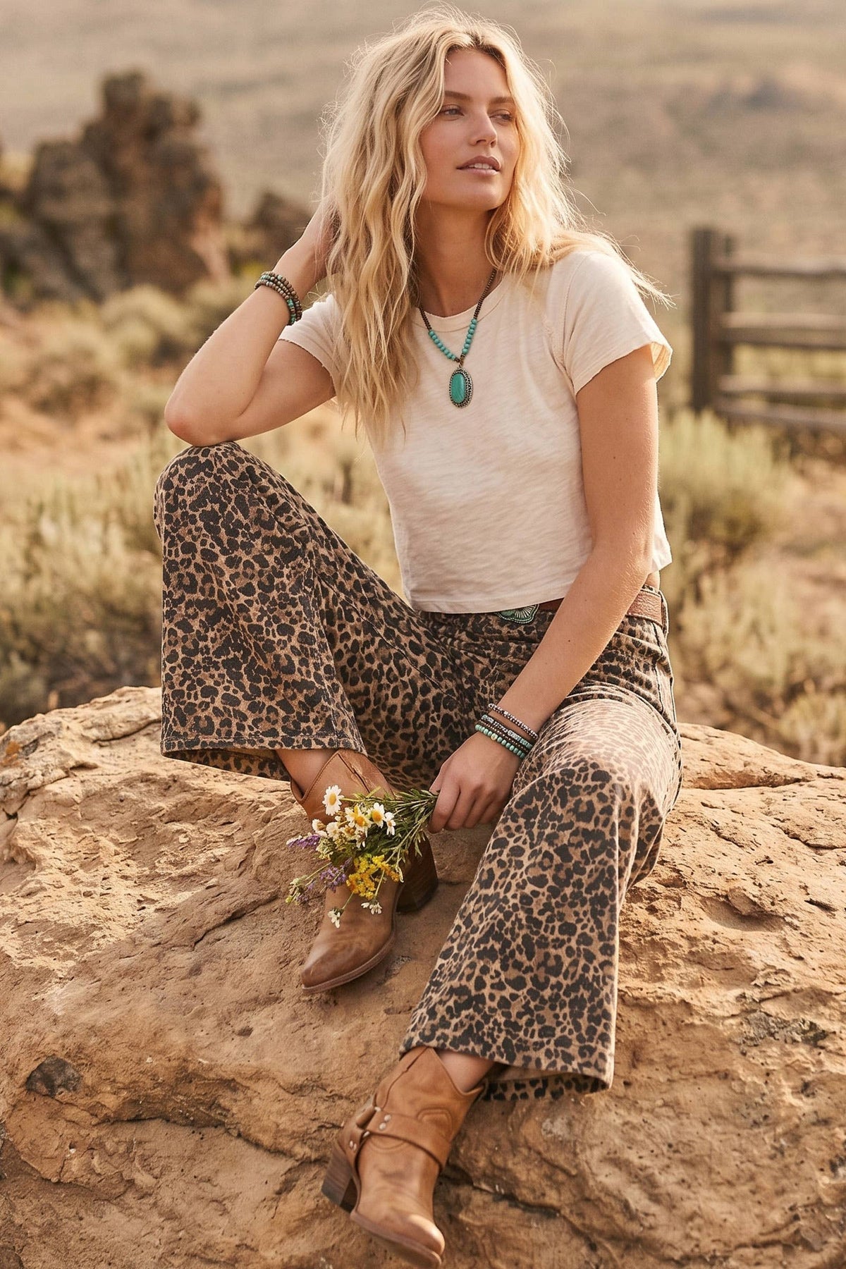 Leopard Stretch Twill Wide Leg Pants