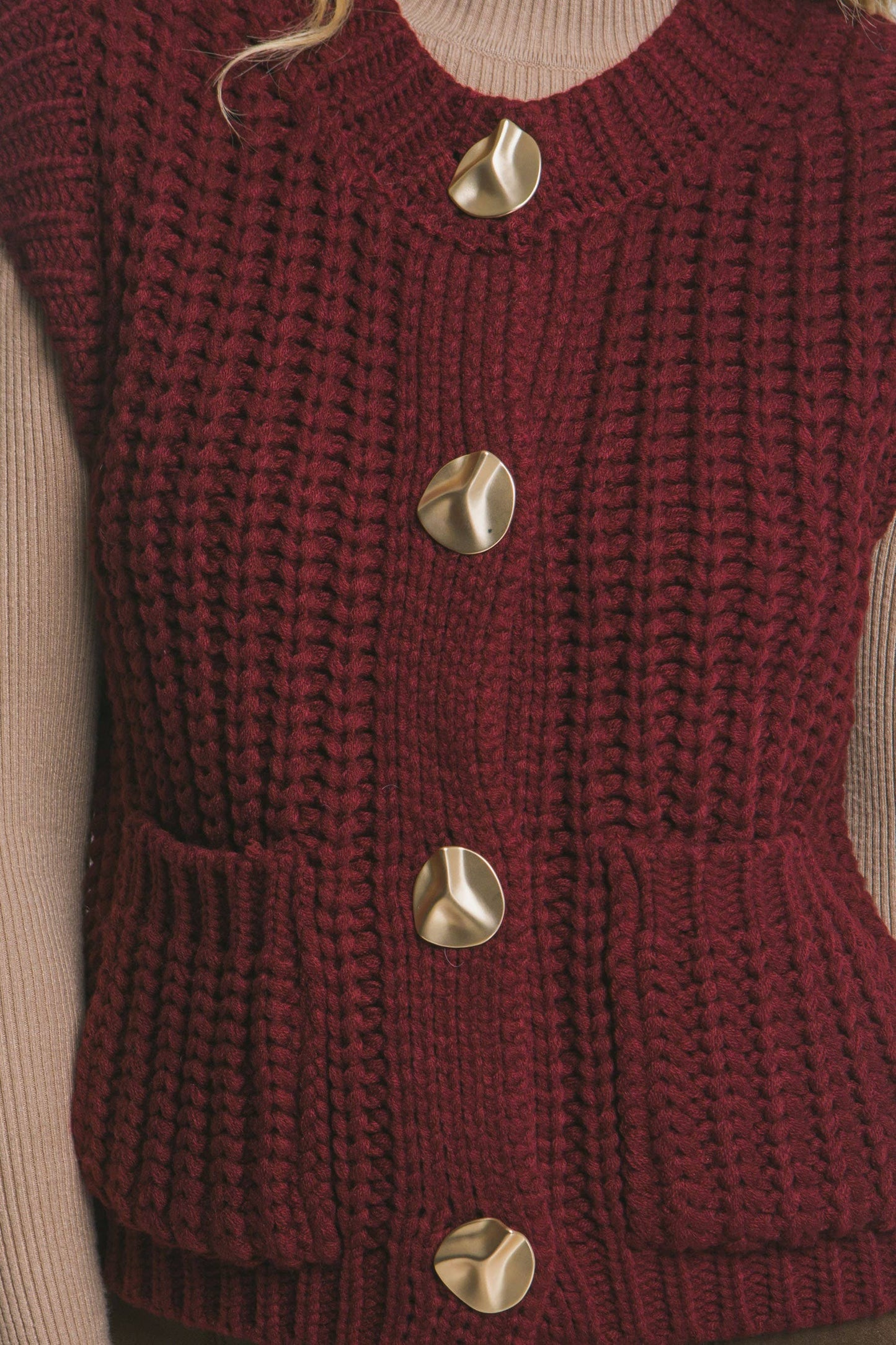 Knit Sweater Vest Gold Button Down