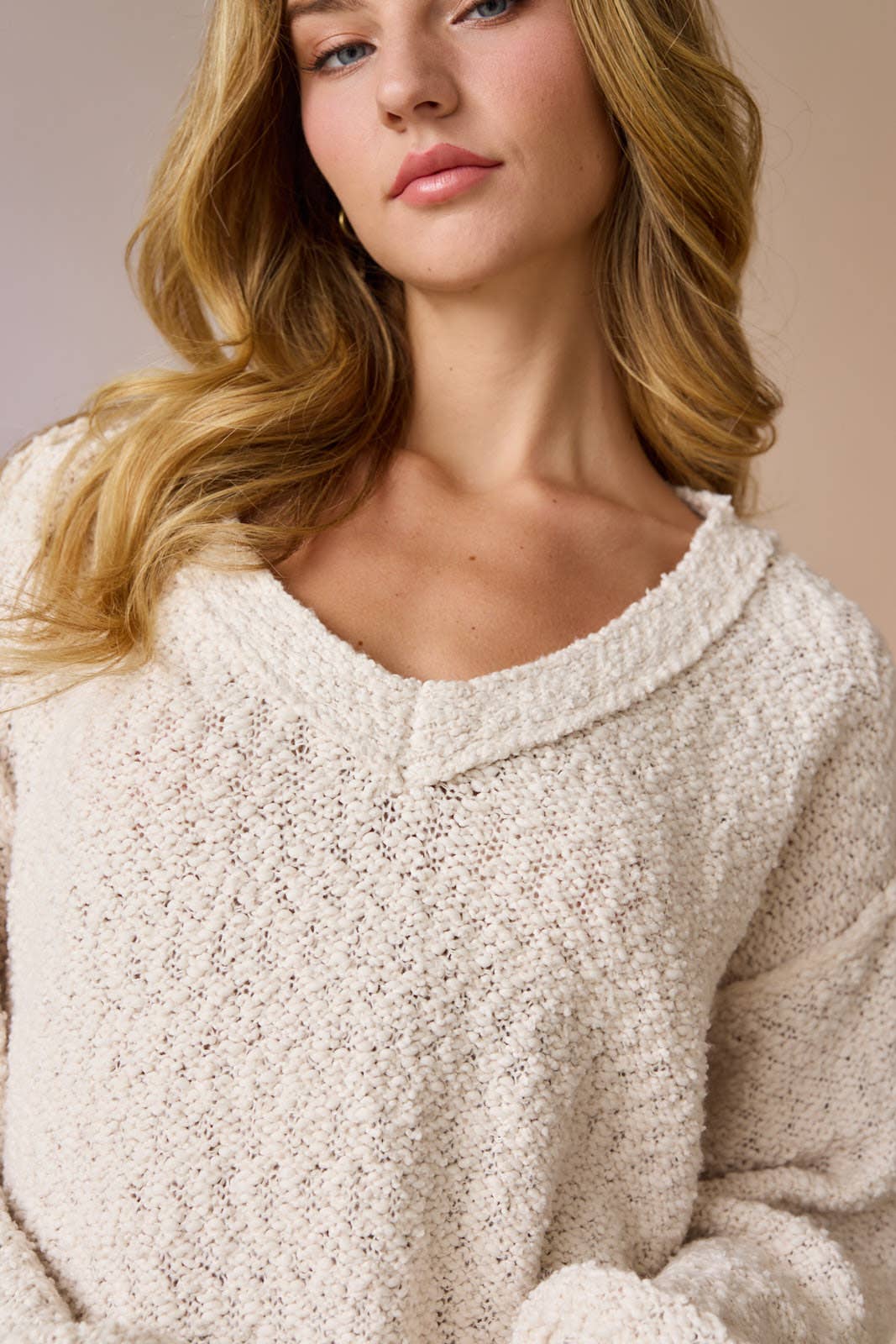 Dusty Pink Loose Fit V-neck Balloon Sleeve Sweater