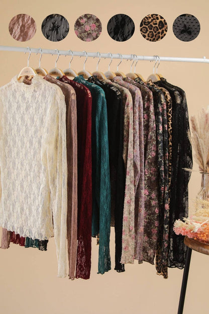 High Neck Fitted Sheer Mesh Lace Knit Top