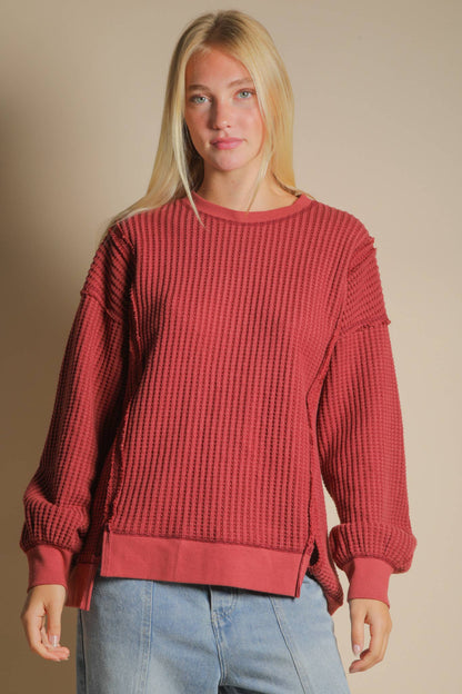 Cream Oversized Waffle Knit Casual Top