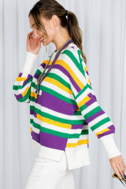 Color Block Striped Mardi Gras Crochet Knit Sweater