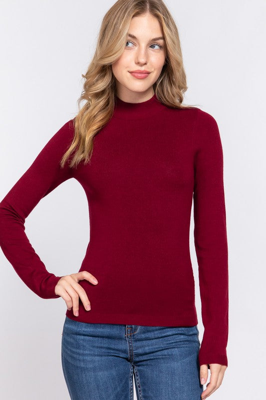 Wine Long Sleeve Mock Neck Sweater