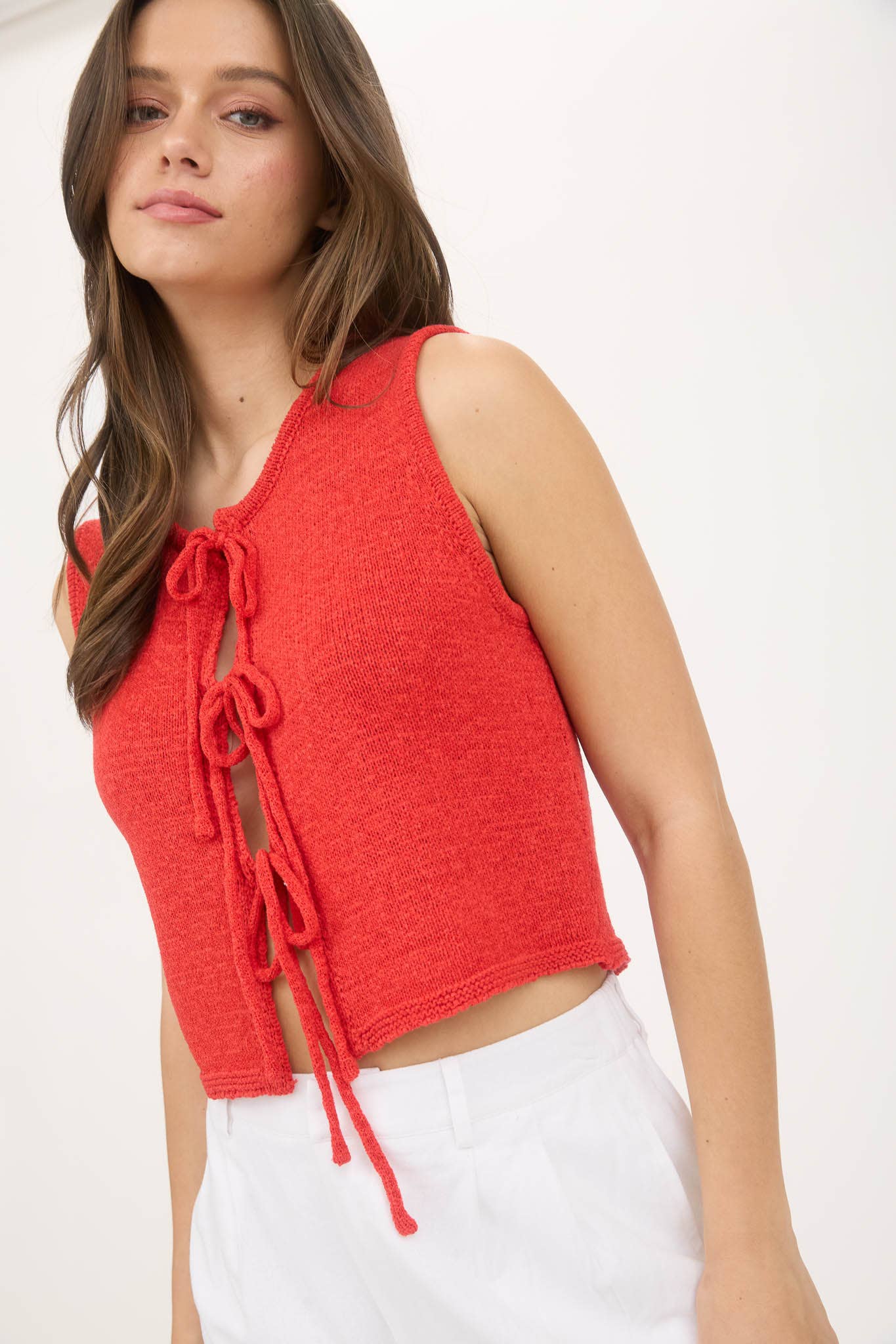 Cream Front Tie Detail Sleeveless Knot Sweater Vest