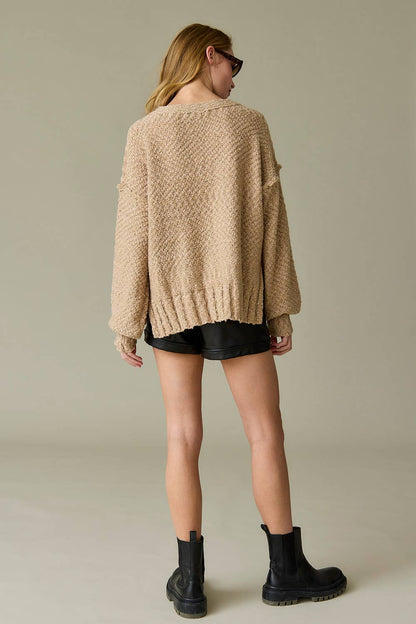 Dusty Pink Loose Fit V-neck Balloon Sleeve Sweater