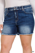 Load image into Gallery viewer, Plus Midi Raw Frayed Hem Denim Shorts