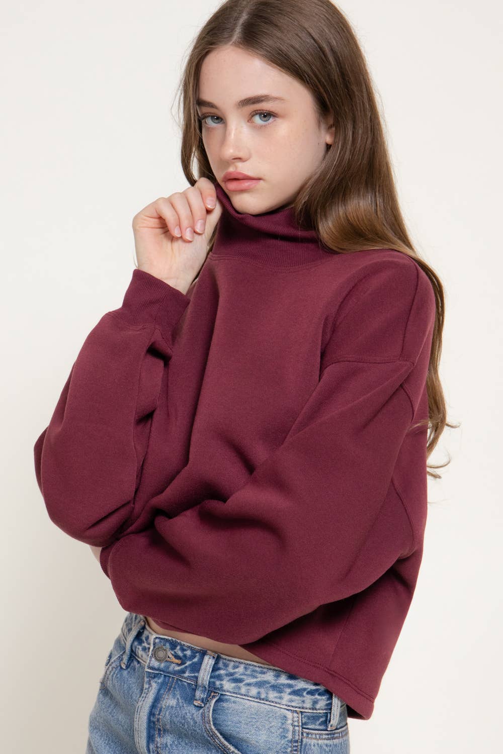 Long Sleeve Ribbed Mock Neck Inner Brushed Sweatshirt
