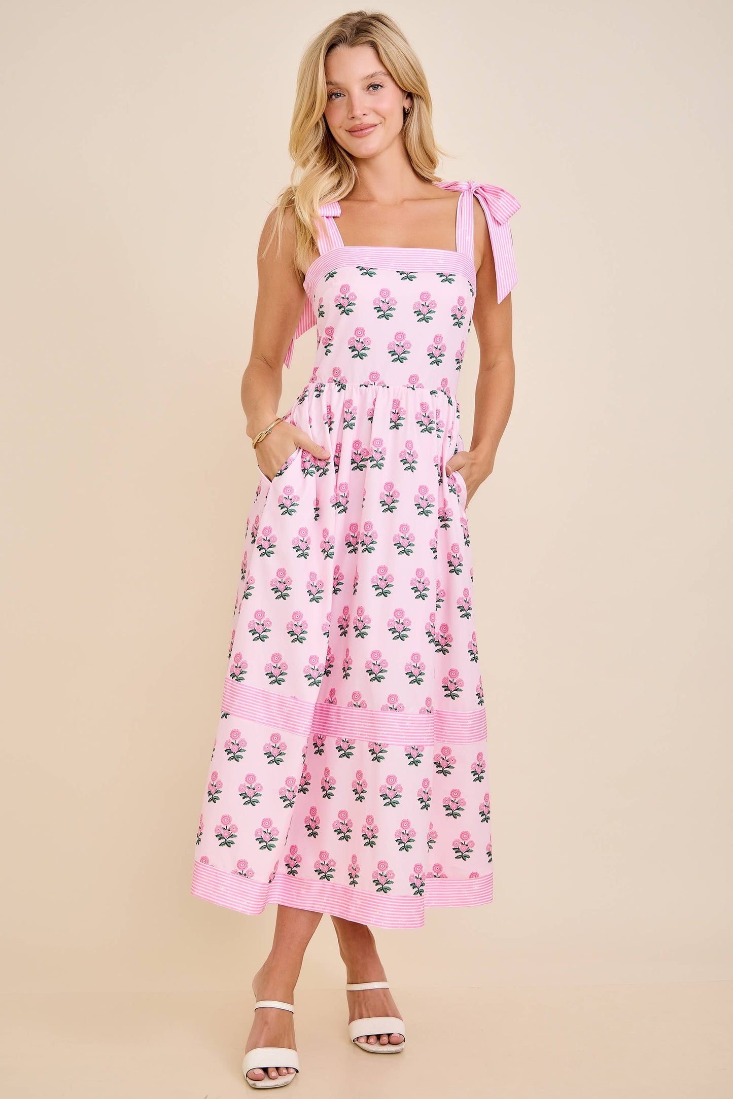 Floral Print Midi Dress with Tie Shoulder Straps