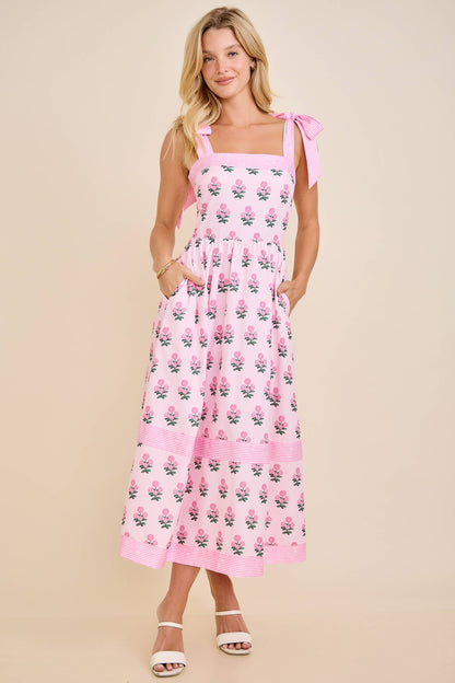 Floral Print Midi Dress with Tie Shoulder Straps