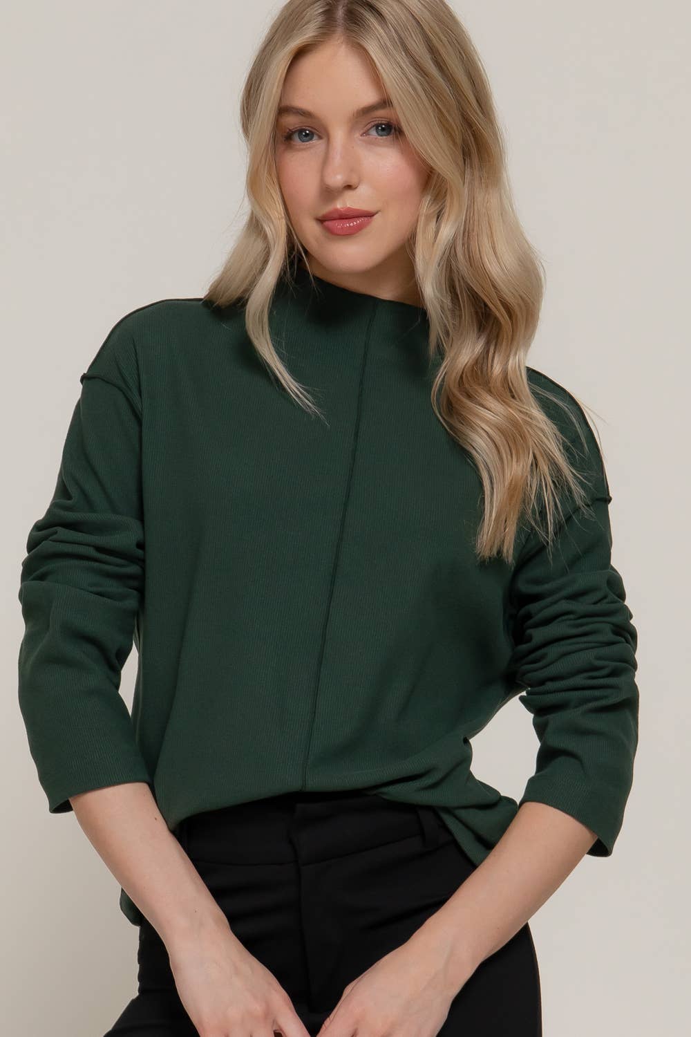 Long Sleeve Visible Overlocked Seams Detail Brushed Rib Top