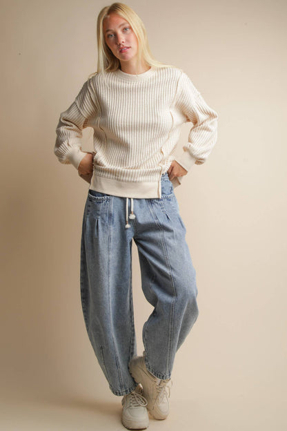 Cream Oversized Waffle Knit Casual Top