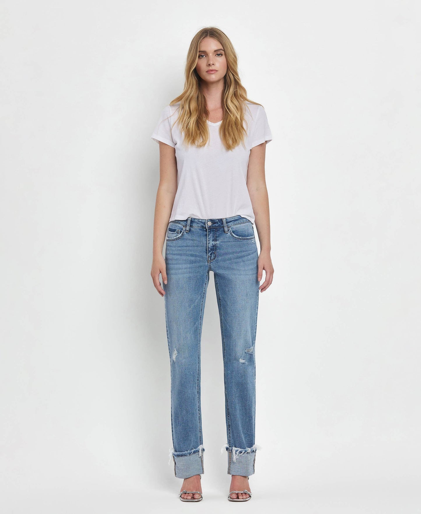 Mid Rise Cuffed Straight Jeans