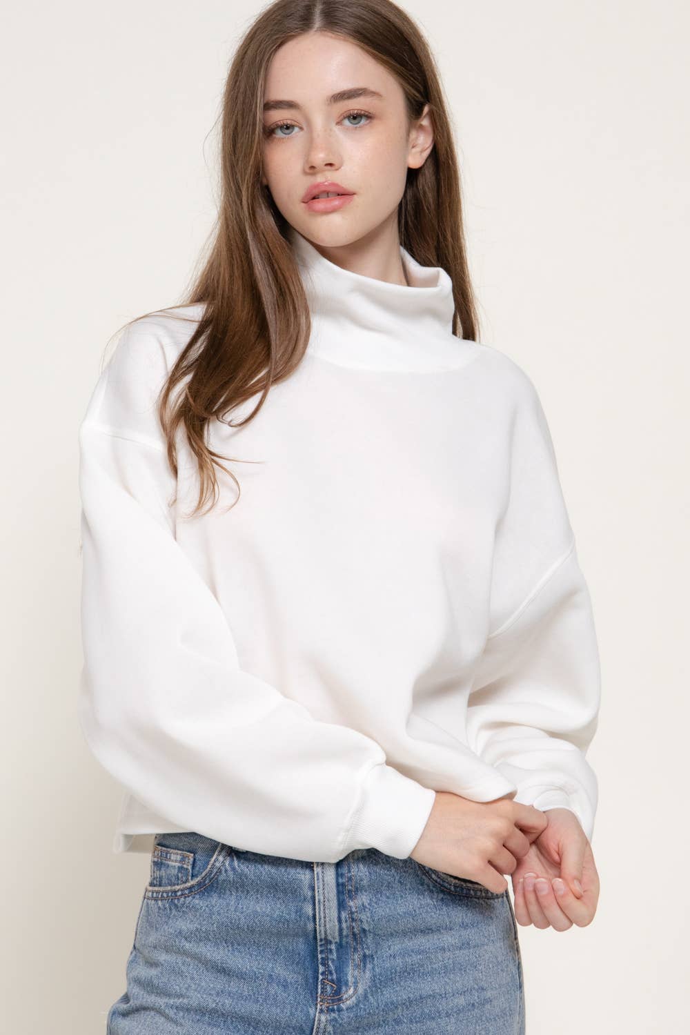 Long Sleeve Ribbed Mock Neck Inner Brushed Sweatshirt