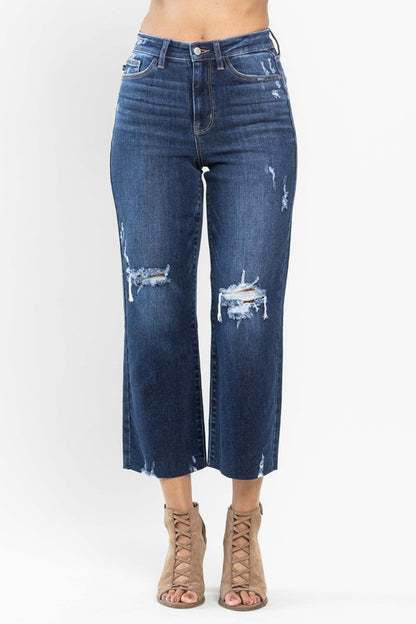 Judy Blue High Waist Knee Destroy Crop Wide Leg Jeans