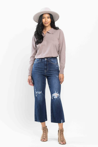 Judy Blue High Waist Knee Destroy Crop Wide Leg Jeans