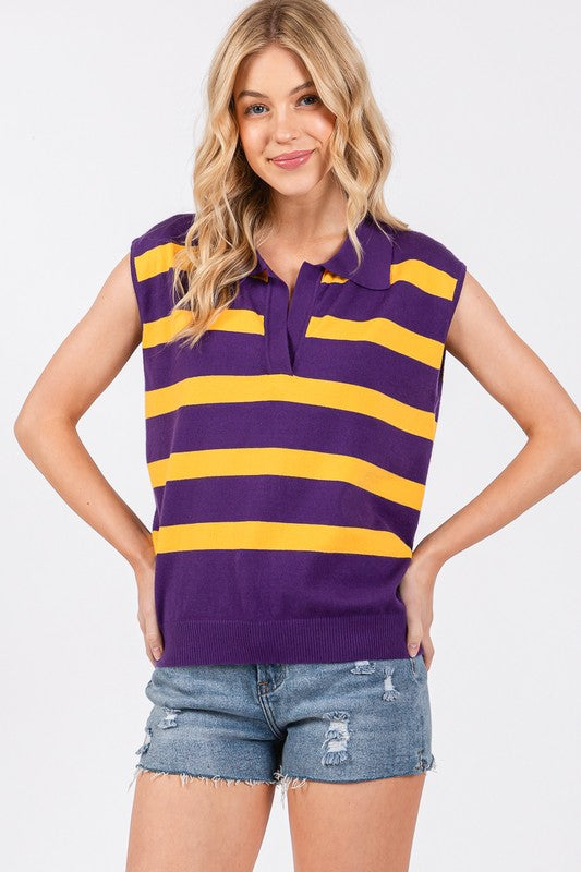 Purple & Gold Striped Sleeveless Sweater Top