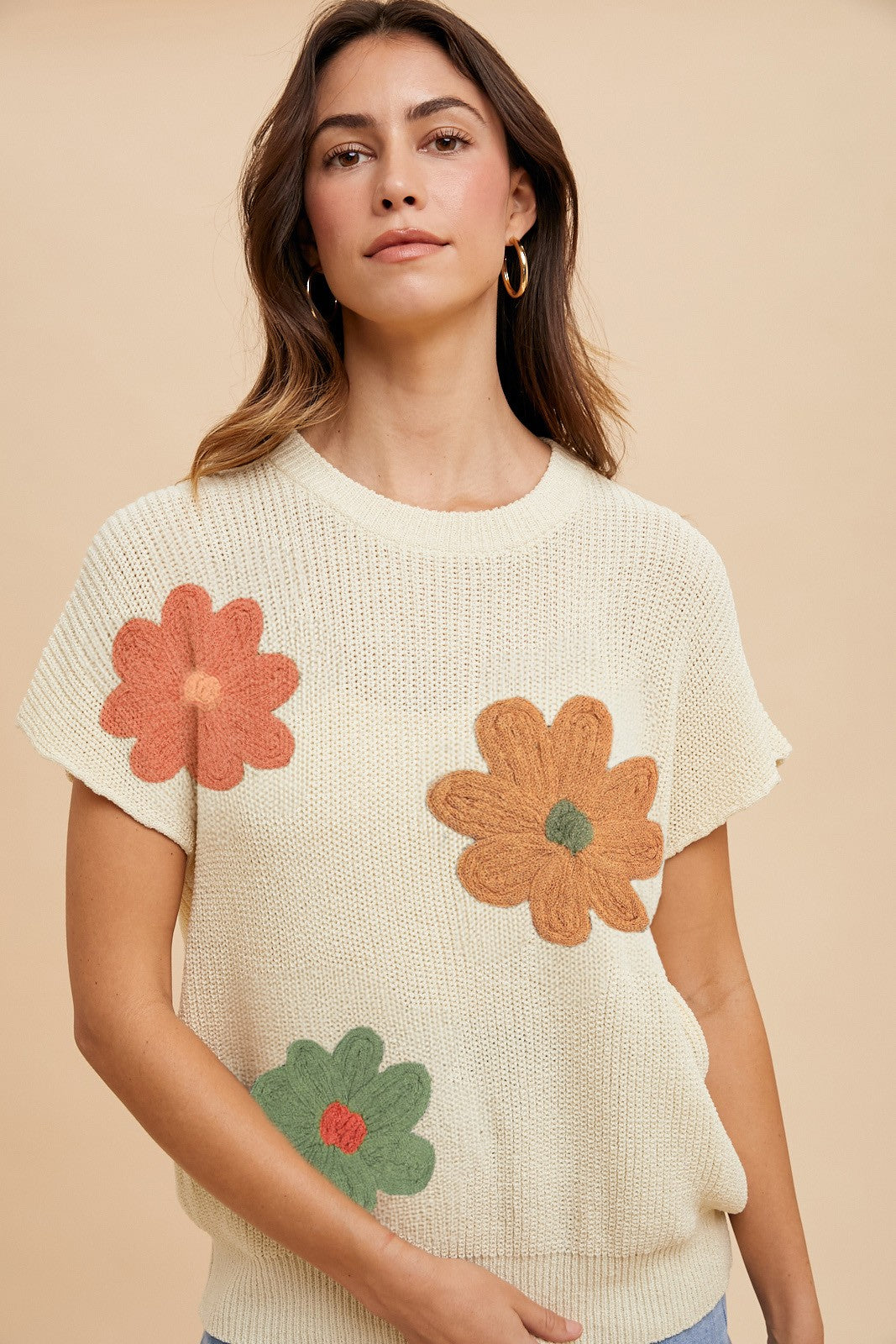 Large Flower Short Sleeve Lightweight Sweater