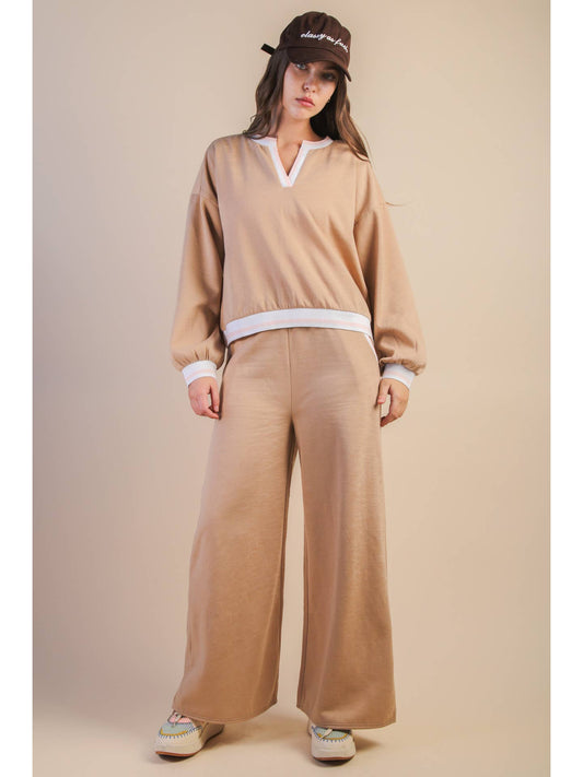 Color Block Band Detail Comfy Knit Top & Pants Set