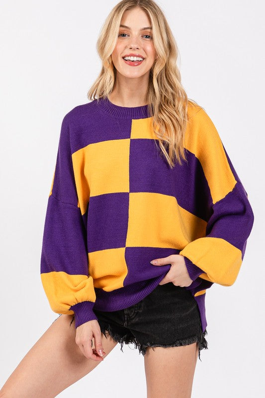 Purple & Gold Checkered Sweater Top