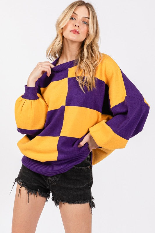 Purple & Gold Checkered Sweater Top