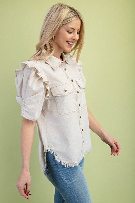Ruffled Gathered Sleeve Linen Button Up Shirt