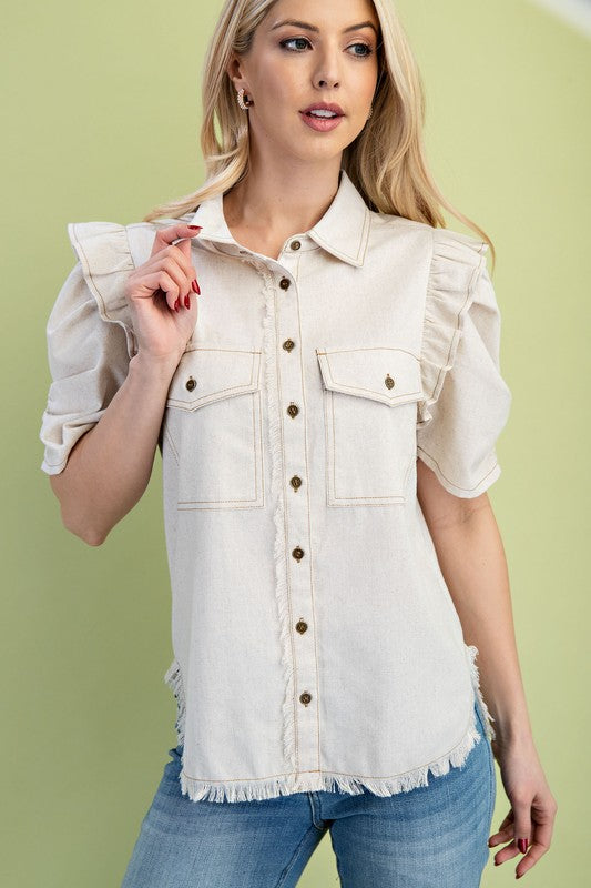 Ruffled Gathered Sleeve Linen Button Up Shirt