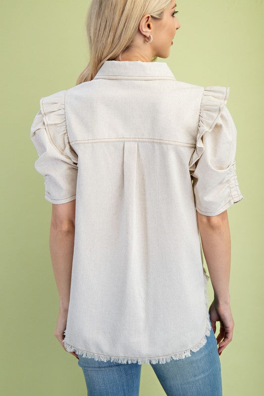 Ruffled Gathered Sleeve Linen Button Up Shirt
