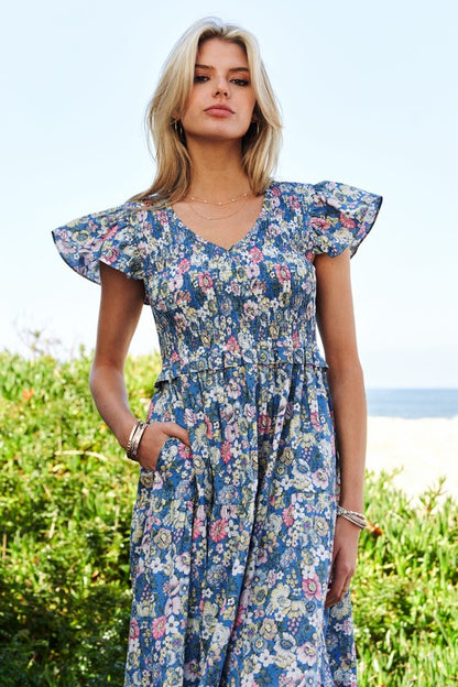 Vintage Garden Floral Flutter Smocking Midi Dress