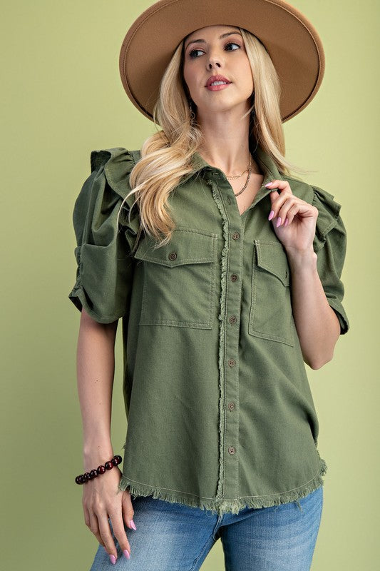 Ruffled Gathered Sleeve Linen Button Up Shirt